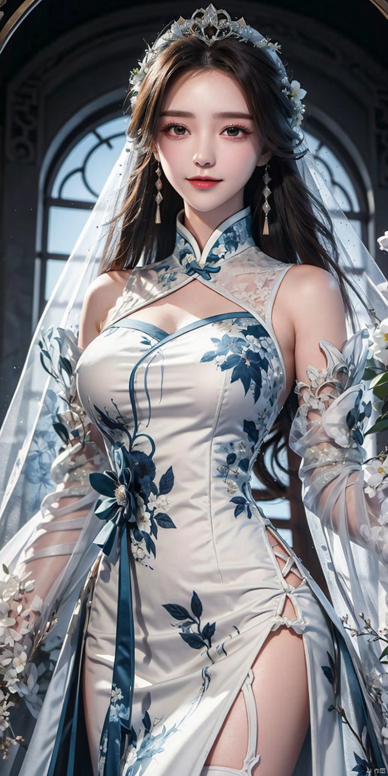  cowboy shot,(Good structure), DSLR Quality,Depth of field,kind smile,looking_at_viewer,Dynamic pose,,masterpiece, The best quality, 1girl, luxurious wedding dress, dreamy scene, white background, front viewer, looking at viewer, Flowers, romantic, Bride, Translucent white turban, UHD, 16k, , sparkling dress, , white stockings, , chinese dress,white dress,long hair,
chinese clothes,dress,white dress,floral print,china dress,blue dress,hanfu,long sleeves,print dress,robe,skirt,sleeveless dress,widesleeves, weddingdress, , ((poakl)),,, liushen
