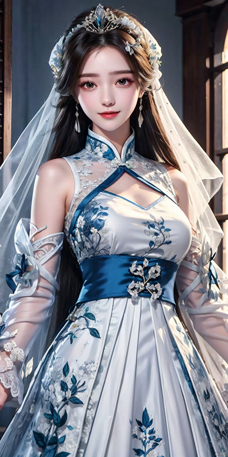  cowboy shot,(Good structure), DSLR Quality,Depth of field,kind smile,looking_at_viewer,Dynamic pose,,masterpiece, The best quality, 1girl, luxurious wedding dress, dreamy scene, white background, front viewer, looking at viewer, Flowers, romantic, Bride, Translucent white turban, UHD, 16k, , sparkling dress, , white stockings, , chinese dress,white dress,long hair,
chinese clothes,dress,white dress,floral print,china dress,blue dress,hanfu,long sleeves,print dress,robe,skirt,sleeveless dress,widesleeves, weddingdress, , ((poakl)),,, liushen