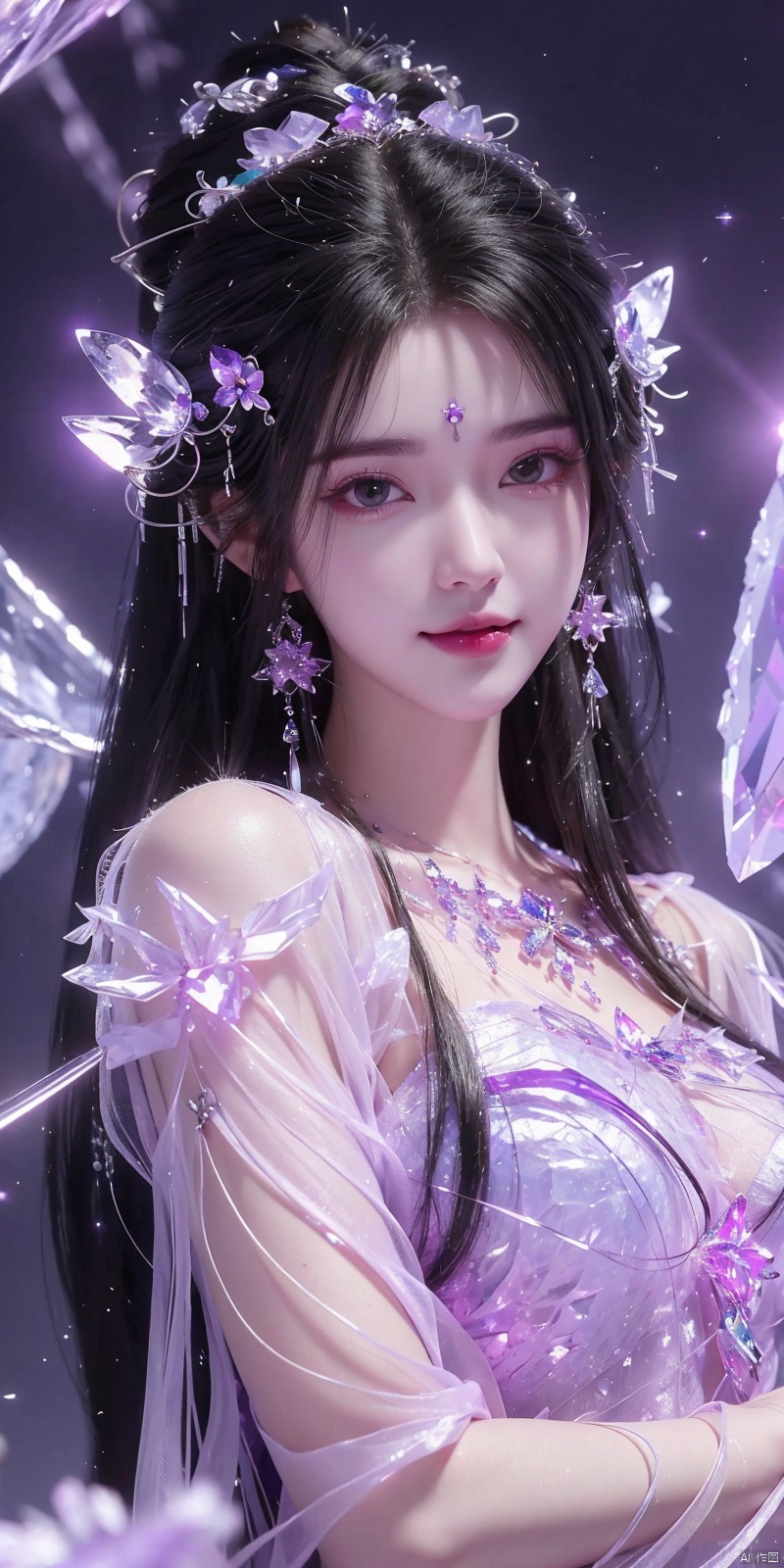  (Good structure),cowboy_shot, DSLR Quality,Depth of field ,looking_at_viewer,Dynamic pose, , kind smile,
1 girl,(Purple light effect),hair ornament,jewelry,looking at viewer, (\meng ze\), wangyushan, dofas,(ultra-detailed crystallization),transparent crystals, qingyi