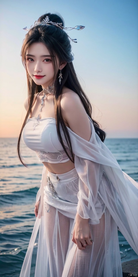  (Good structure),cowboy_shot, DSLR Quality,Depth of field ,looking_at_viewer,Dynamic pose, , kind smile,,
1girl, solo, long hair, , looking at viewer, skirt, hair ornament, bare shoulders, jewelry, , black hair, earrings, outdoors, midriff, water, necklace, lips, crop top, grey eyes, leaning forward, ocean, white skirt, strapless vest, sunset, sun, , luxueqi