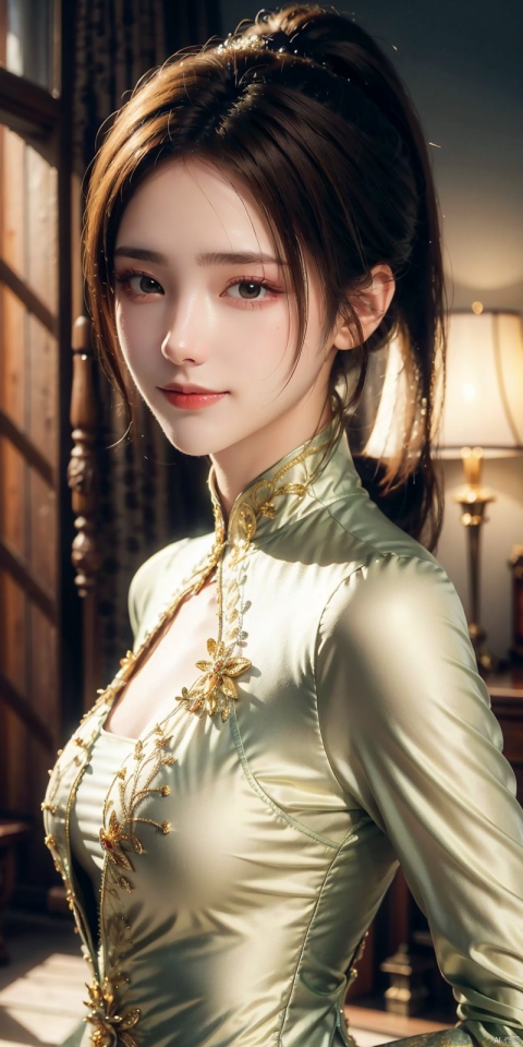  , best quality, 8K, HDR, highres, absurdres:1.2, blurry background, bokeh:1.2, Photography, (photorealistic:1.4), (masterpiece:1.3), (intricate details:1.2), 1girl, solo, delicate, (detailed eyes), (detailed facial features), petite,skin tight, (looking_at_viewer), from_front, (skinny), (lipgloss, caustics, Broad lighting, natural shading, 85mm, f/1.4, ISO 200, 1/160s:0.75),dress, , ((poakl)),Light master,,nalanyanran,ponytail,kind smile,
