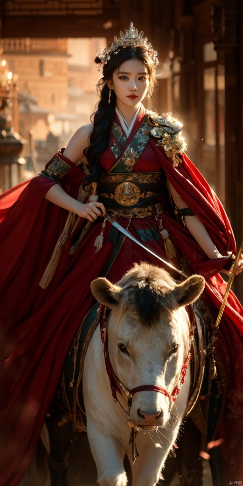 best quality, masterpiece, realistic,full_body,(Good structure), DSLR Quality,Depth of field,kind smile,looking_at_viewer,Dynamic pose, 
, 1girl,Wearing a jade crown, shining silver armor, and wearing a lion headband. Treading towards the sky with cow tendon boots; Wearing a crimson cloak on her shoulders, carrying a three foot green blade on her waist, and carrying an iron tire bow on her back, coupled with her tall figure and resolute expression,Facing the camera, liuyifei,  