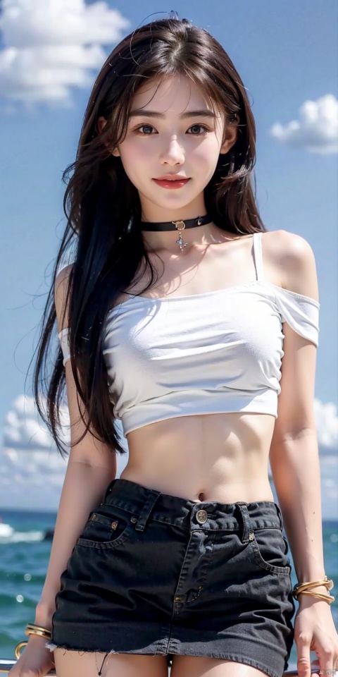  cowboy_shot,(Good structure), DSLR Quality,Short skirt,Blue sky, white clouds, ocean, nai3, 1girl, solo, crop top, , choker, navel, shirt, midriff, crop top overhang, looking at viewer, white shirt, jewelry, breasts, bare shoulders, off-shoulder shirt, off shoulder, black choker, thighs, stomach, long hair, bracelet, short sleeves, ribbon, hand up, collarbone, hair ribbon, medium breasts, , bra strap, , hair ornament, thigh gap, necklace, expressionless, , ,kind smile, ,, yunv