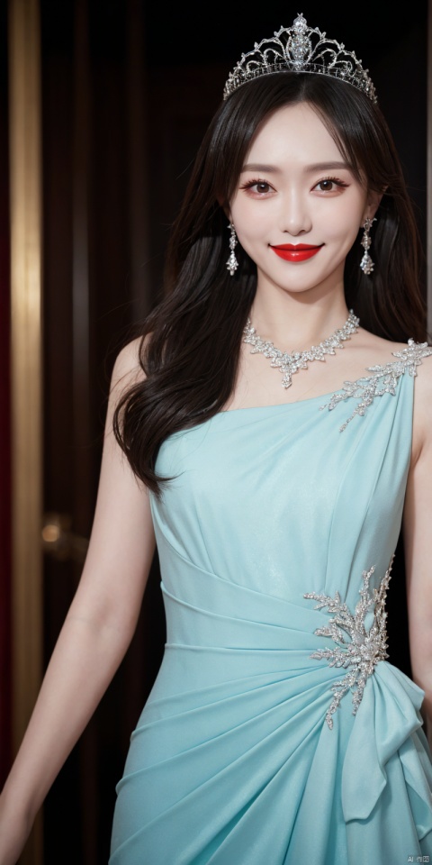  best quality, masterpiece, full_body,(Good structure), DSLR Quality,Depth of field,kind smile,looking_at_viewer,Dynamic pose, 
tangyan, 1girl, solo, realistic, dress, tiara, jewelry, black hair, earrings, lipstick, makeup, red lips, blurry, upper body
