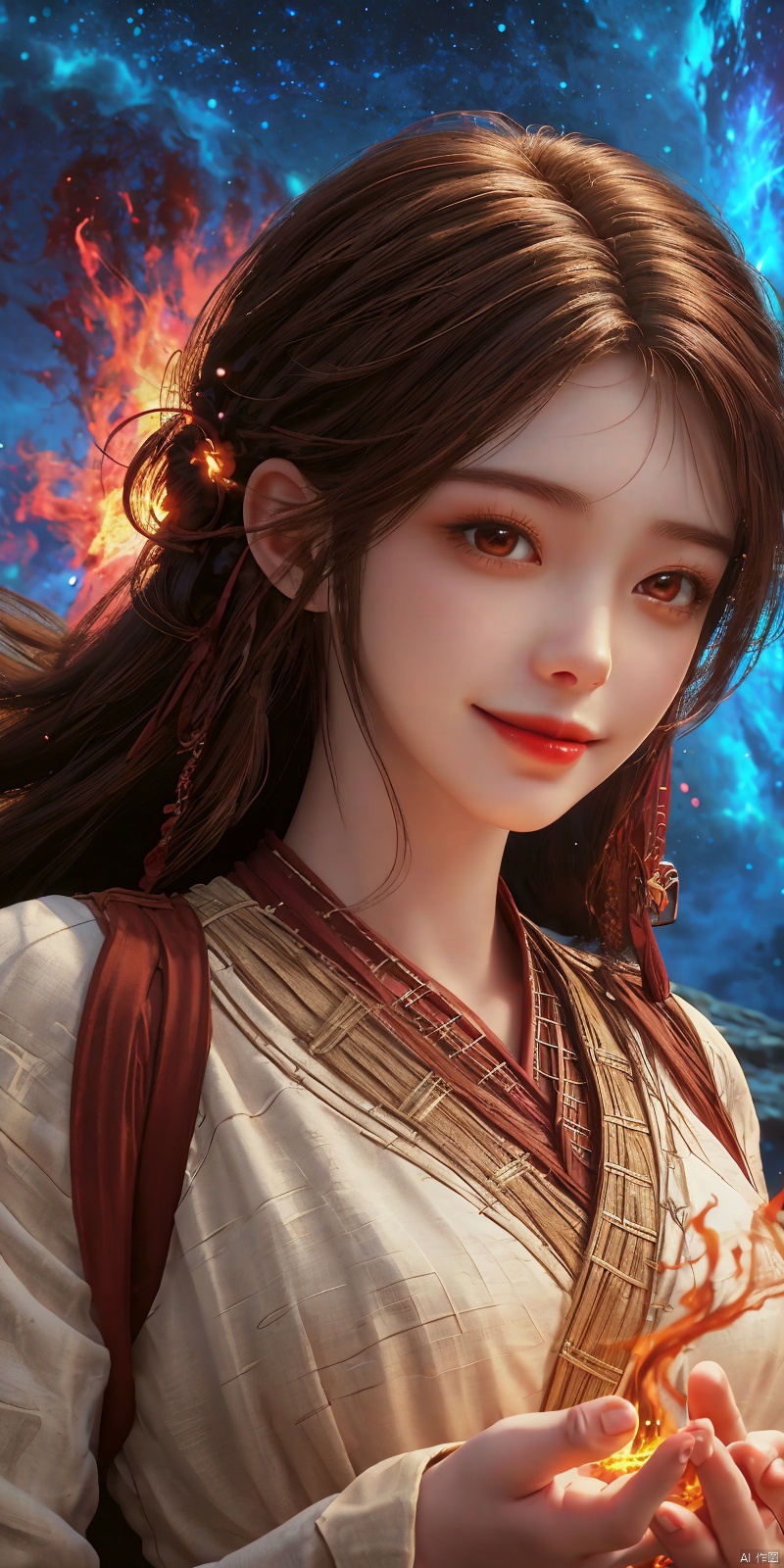  kind smile,looking_at_viewer,masterpiece, 1 girl, Look at me, Long hair, Flame, A magical scene, glowing, Floating hair, realistic, Nebula, An incredible picture, The magic array behind it, Stand, textured skin, super detail, best quality, , huolinger,dress, 1girl