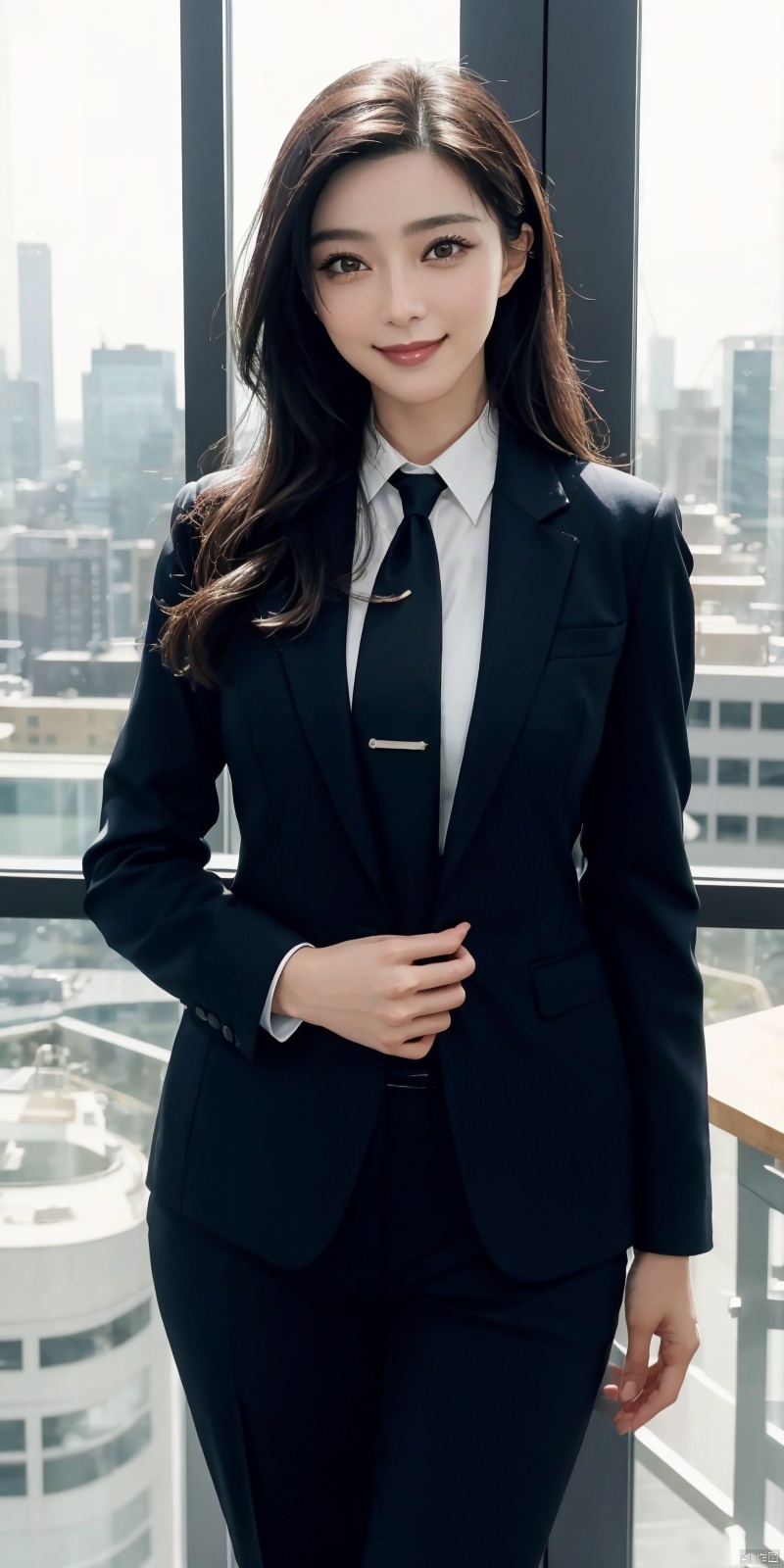  best quality, masterpiece, cowboy_shot,(Good structure), DSLR Quality,Depth of field,kind smile,looking_at_viewer,Dynamic pose, 
Modern businesswoman, dressed in a sleek suit and tie, posing confidently in a modern office setting, cityscape view through the window, focused expression, powerful pose, professional attire, realistic lighting, sharp focus., fanbing