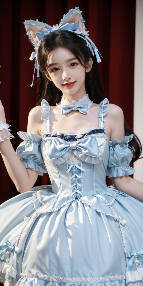  (Good structure), DSLR Quality,Depth of field,kind smile,looking_at_viewer,Dynamic pose, ,(wariza),,Girl, bare shoulders, , boobs, bow tie, ,purple eyes, cat ears, collar, ((Lolita Dress: 1.4)) , blue and white Lolita dress, wrinkled leg outfit, hand-held, lips, nose, shoulders, , alone, long_hair, kind smile, looking at the audience, white leg costume, wrist cuffs, 1girl,,looking_at_viewer, , lolidress , ,dress, zhouye