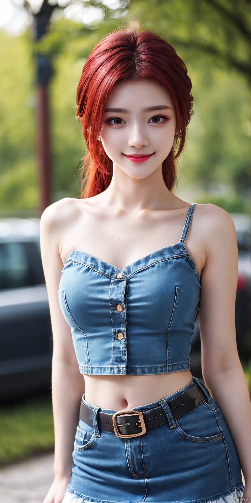  best quality, masterpiece, cowboy_shot,(Good structure), DSLR Quality,Depth of field,kind smile,looking_at_viewer,Dynamic pose,
 1girl, 3d, bare_shoulders, belt, blurry, blurry_background, blurry_foreground, branch, , , , collarbone, cosplay_photo, denim, denim_skirt, depth_of_field, , lips, long_hair, looking_at_viewer, midriff, miniskirt, motion_blur, navel, outdoors, photo_\(medium\), realistic, skirt, solo, standing, tree, , , , , , red_hair, , yefei