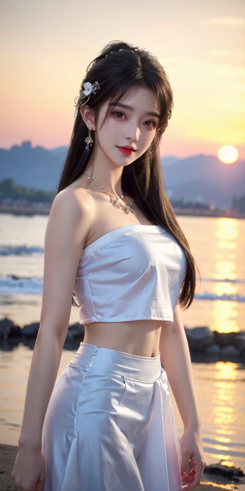  (Good structure),cowboy_shot, DSLR Quality,Depth of field ,looking_at_viewer,Dynamic pose, , kind smile,,
1girl, solo, long hair, , looking at viewer, skirt, hair ornament, bare shoulders, jewelry, , black hair, earrings, outdoors, midriff, water, necklace, lips, crop top, grey eyes, leaning forward, ocean, white skirt, strapless vest, sunset, sun, qingyi, wanglin, yeqinxian, babata