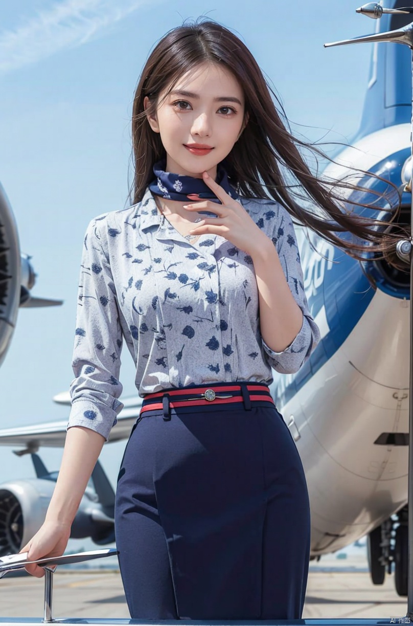(Good structure), (high definition: 1.0), (HD: 1.0), , (ultra resolution: 1.0), (4K: 1.0), (photorealistic: 1.0), (realistic: 1.0), , (professional photography: 1.0), (DSLR quality: 1.0), , (detailed: 1.0), (sharp focus: 1.0), , (masterpiece: 1.2), (epic shot: 1.2),
anatomically-precise-finger-details,
 , Cinematic, , Natural lighting, , solo, 1girl, perfect boody,solo, 1girl, , long hair, Wind, flowing hair, kind smile, , pose for picture, , looking_at_viewer, , perfect body, 
solo, 1girl, blue shirt, blue skirt,,scarf,print shirt, ,,long_hair,Wind, flowing hair,, (airplane background),pose for picture,,looking_at_viewer,,  Detail, yuanyuan