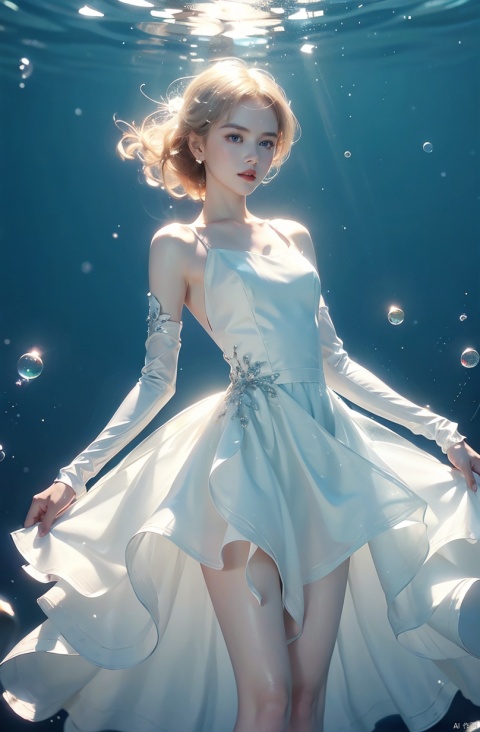  (1girl:1.2),stars in the eyes,(pure girl:1.1),(white dress:1.1),(full body:0.6),There are many scattered luminous petals,bubble,contour deepening,(white_background:1.1),cinematic angle,nike,underwater,adhesion,green long upper shan,