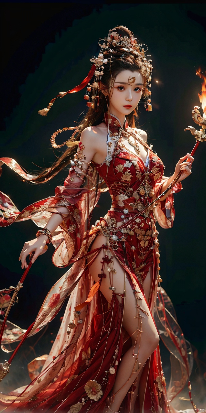   cowboy_shot,(Good structure), DSLR Quality,Depth of field,kind smile,looking_at_viewer,Dynamic po,masterpiece, official art, extremely detailed cg unity 8k wallpaper, highly detailed, absurdres, 8k resolution, 1girl, long hair, solo, black hair, dress, holding, fire, white dress, staff, barefoot, jewelry, dark skin, long dress, breasts, weapon, full body, polearm, holding staff, bracelet, looking at viewer, dark-skinned female, standing, torn clothes, blood, spear, holding weapon, medium breasts, floating hair, closed mouth, embers, holding polearm , depth of field, panorama, cinematic lighting, ray tracing, ((poakl)), chineseclothes, hanikezi
