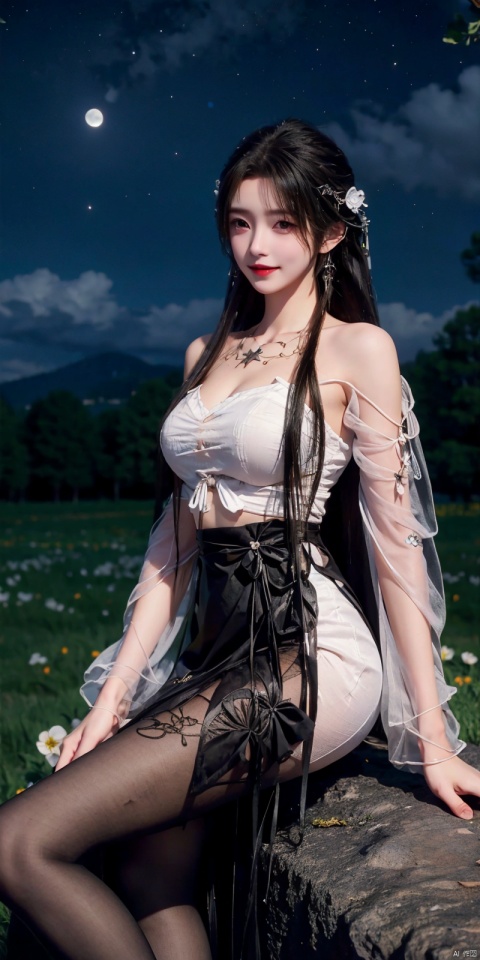  (Good structure),cowboy_shot,Girl in the Flower Field of Lycoris. Sitting in a clearing. 
Long elaborate hairstyle with loose hair and braids, Beautiful hair clips. Burgundy lipstick.
Long fluffy black and burgundy luxury dress,crop top , Elegant clothes. 
 Lycoris petals fly in the wind. 
Esthetics. Good Quality. 
Night., more_details, , starrystarscloudcolorful, moon, night, moonlight, beautiful starry sky,qingyi, blackpantyhose,looking_at_viewer,kind smile,Dynamic pose, yangchaoyue