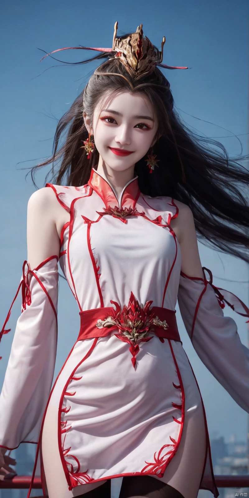  best quality, masterpiece, cowboy_shot,(Good structure), DSLR Quality,Depth of field,kind smile,looking_at_viewer,Dynamic pose, 
,,, (high definition: 1.0), (HD: 1.0), , (ultra resolution: 1.0), (4K: 1.0), (photorealistic: 1.0), (realistic: 1.0), , (professional photography: 1.0), (DSLR quality: 1.0), , (detailed: 1.0), (sharp focus: 1.0), , (masterpiece: 1.2), (epic shot: 1.2),
 Cinematic, , Natural lighting, , solo, 1girl,Wind, flowing hair, kind smile, , pose for picture, Dynamic pose, looking_at_viewer,
A young model in Chinese dress poses with her arms leisurely, in front of divine light with silhouette light illuminating the edges of the long curly hair, snowflake, outdoors,
Excellent skin texture, gaze deeply, cheerful atmosphere, in the style of eye-catching resin jewelry, matte photo, minimalist beauty, meticulous linework precision, The background is a bustling city,High resolution,8K, neo-chinese style, huayu, 1girl,police,thighhighs, , , , Detail, china dress, blackpantyhose, , dress, , ,  , jiujiu