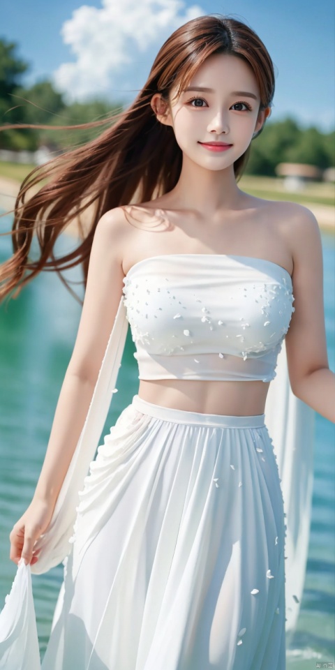  DSLR, depth of field, (1girl:1.2), , very long hair, low twintails, yellow eyes, light smile, looking at viewer, white shirt, white skirt, (flying white chiffon:1.5), bare shoulder, (flying blue petals:1.2), (standing above water surface), sky background, (cloud:1.2), white bird, floating water drops, (white border:1.2) , 
backlight, , jujingyi, taoist robe, ll-hd,(((large breasts)), depth of field,,  ((poakl)), litongqin