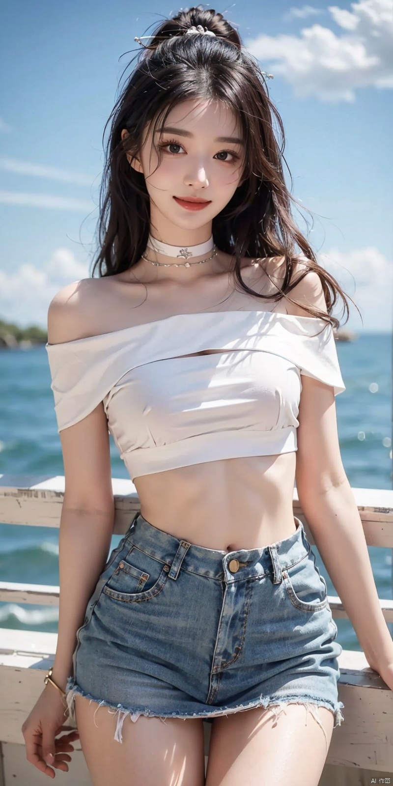  cowboy_shot,(Good structure), DSLR Quality,Short skirt,Blue sky, white clouds, ocean, nai3, 1girl, solo, crop top, , choker, navel, shirt, midriff, crop top overhang, looking at viewer, white shirt, jewelry, breasts, bare shoulders, off-shoulder shirt, off shoulder, black choker, thighs, stomach, long hair, bracelet, short sleeves, ribbon, hand up, collarbone, hair ribbon, medium breasts, , bra strap, , hair ornament, thigh gap, necklace, expressionless, , ,kind smile, , , ,wangchuran