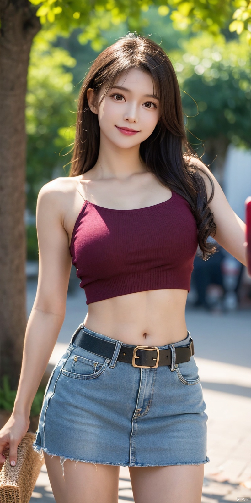  best quality, masterpiece, cowboy_shot,(Good structure), DSLR Quality,Depth of field,kind smile,looking_at_viewer,Dynamic pose,
 1girl, 3d, bare_shoulders, belt, blurry, blurry_background, blurry_foreground, branch, , , , collarbone, cosplay_photo, denim, denim_skirt, depth_of_field, , lips, long_hair, looking_at_viewer, midriff, miniskirt, motion_blur, navel, outdoors, photo_\(medium\), realistic, skirt, solo, standing, tree, , , , , , tifa lockhart