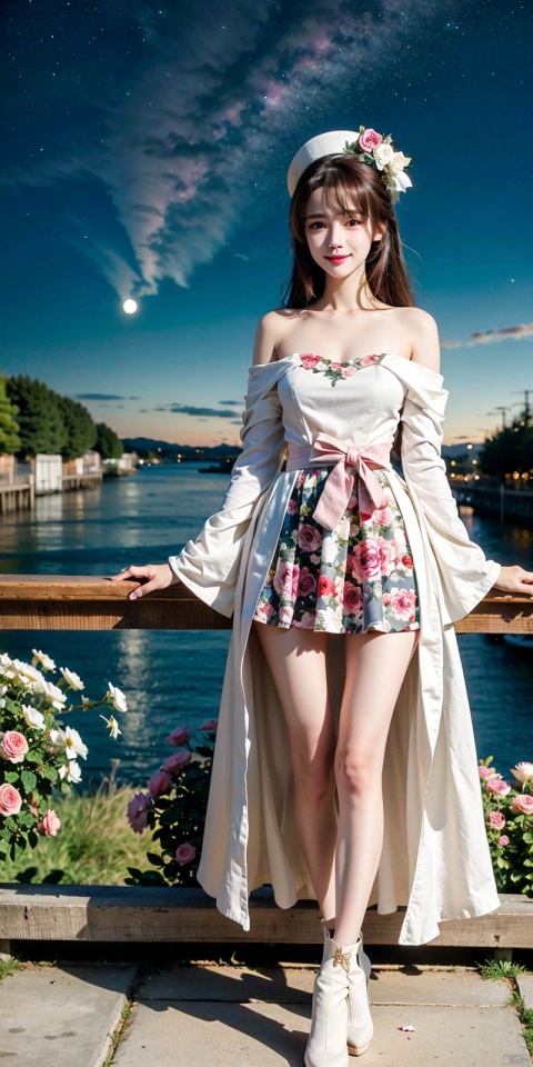  (Good structure),cowboy_shot, 1 girl, Aurora, Bangs, bare shoulders, black shoes, white stockings, blue eyes, boots, bow, chest, (gradual change) , cherry blossoms, City Lights, shut up, clouds, sleeves, clothes, falling flowers, flowers, full moon, (white top hat) , bow, knees, long hair, long sleeves, looking at audience, medium chest, galaxy, Moon, night sky, outdoors, petals, pink flowers, pink roses, railings, roses, rose petals, Meteor, sky, Solo, space, standing, Star (Sky) , star, star print, thigh, long hair, white skirt, white flower, white headdress, tianhu, ((poakl)),,looking_at_viewer,kind smile