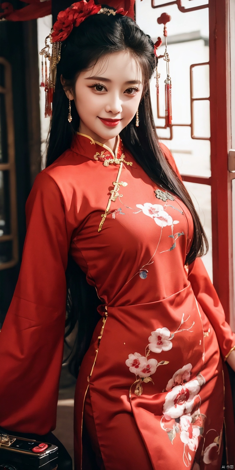  best quality, masterpiece, realistic, ,(Good structure), DSLR Quality,Depth of field,kind smile,looking_at_viewer,Dynamic pose, 
1girl, solo, long hair, 
,fengguanxiapei,dress,chinese clothes,red dress,traditional clothes, zhulin