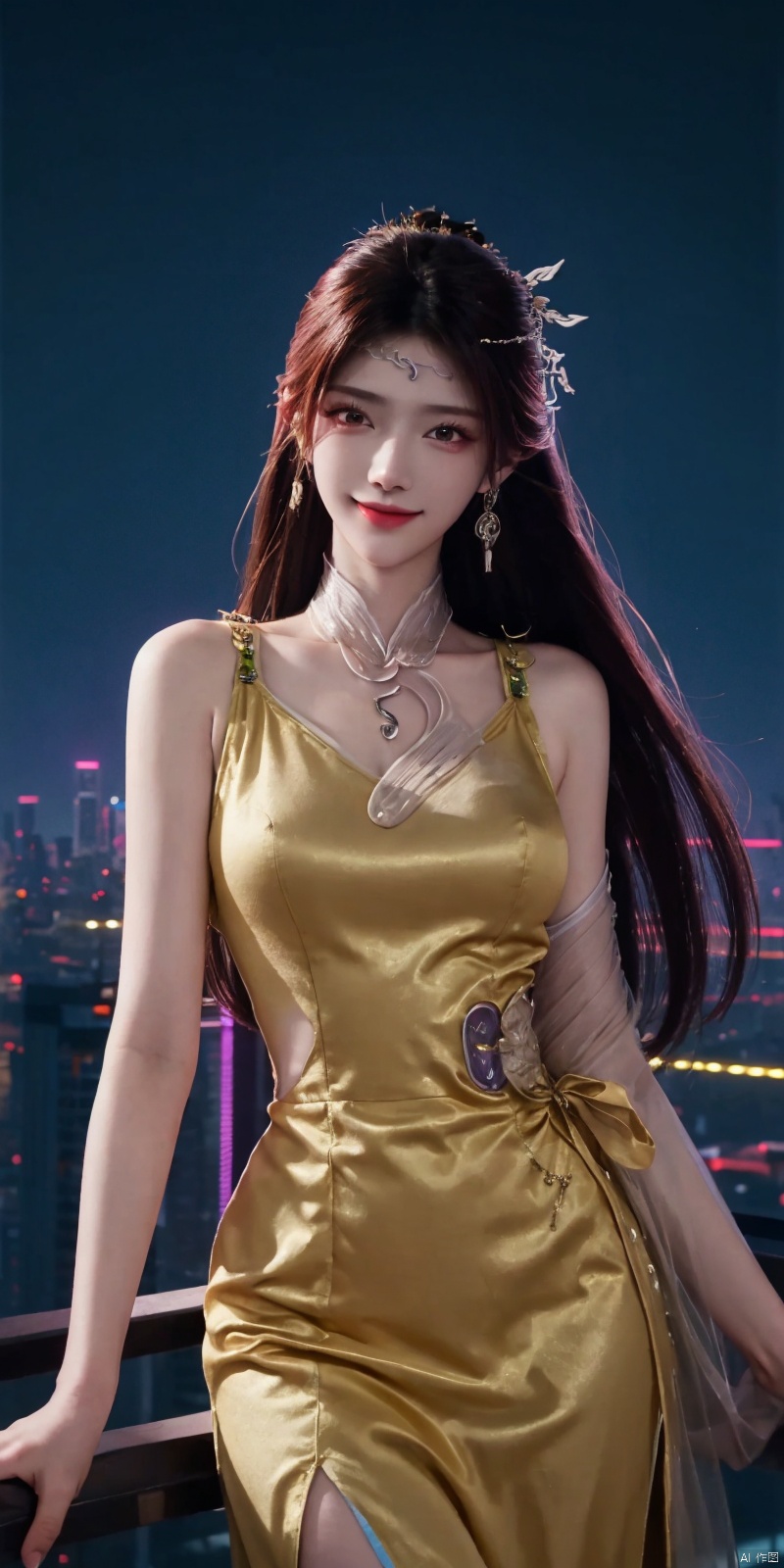  best quality, masterpiece, realistic,cowboy_shot,(Good structure), DSLR Quality,Depth of field,kind smile,looking_at_viewer,Dynamic pose, 
neonpunk style Neon noir leogirl,hANMEIMEI,realistic photography,,On the rooftop of a towering skyscraper,a girl stands,facing the camera directly. Behind her,a multitude of skyscrapers stretches into the distance,creating a breathtaking urban panorama. It's the perfect dusk moment,with the evening sun casting a warm glow on the girl's face,intensifying the scene's impact. The photo captures a sense of awe,with the sharpness and realism making every detail vivid and clear,Hair fluttered in the wind,long hair,halterneck, . cyberpunk, vaporwave, neon, vibes, vibrant, stunningly beautiful, crisp, detailed, sleek, ultramodern, magenta highlights, dark purple shadows, high contrast, cinematic, ultra detailed, intricate, professional, , , , , , dress, blue dress, ,  ,jinpinger