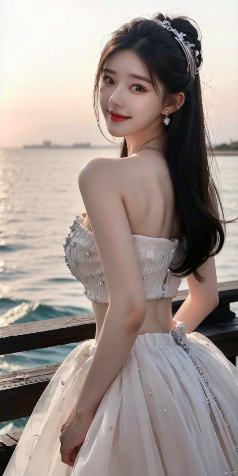  best quality, masterpiece, realistic,cowboy_shot,(Good structure), DSLR Quality,Depth of field,kind smile,looking_at_viewer,Dynamic pose, 
1girl, solo, long hair, , looking at viewer, skirt, hair ornament, bare shoulders, jewelry, , black hair, earrings, outdoors, midriff, water, necklace, lips, crop top, grey eyes, leaning forward, ocean, white skirt, strapless vest, sunset, sun, , , , weddingdress, zhaosilu