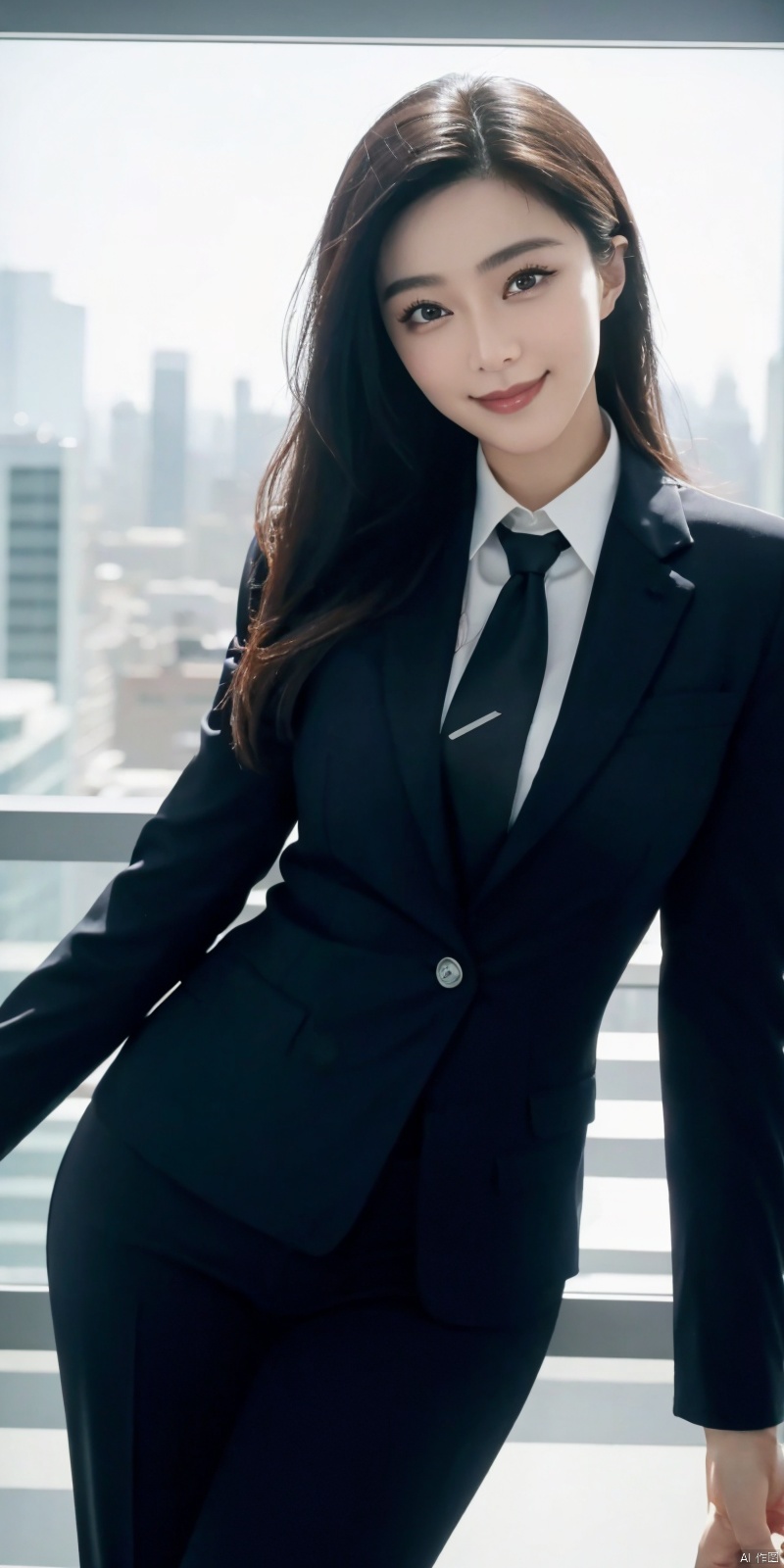  best quality, masterpiece, cowboy_shot,(Good structure), DSLR Quality,Depth of field,kind smile,looking_at_viewer,Dynamic pose, 
Modern businesswoman, dressed in a sleek suit and tie, posing confidently in a modern office setting, cityscape view through the window, focused expression, powerful pose, professional attire, realistic lighting, sharp focus., fanbing