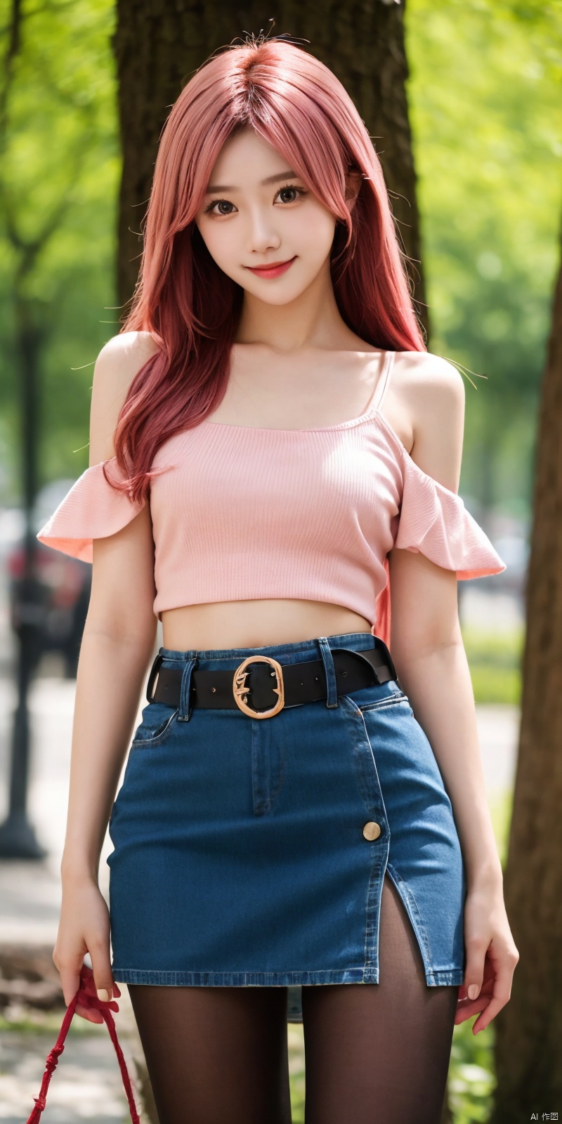  best quality, masterpiece, cowboy_shot,(Good structure), DSLR Quality,Depth of field,kind smile,looking_at_viewer,Dynamic pose,
 1girl, 3d, bare_shoulders, belt, blurry, blurry_background, blurry_foreground, branch, , , , collarbone, cosplay_photo, denim, denim_skirt, depth_of_field, , lips, long_hair, looking_at_viewer, midriff, miniskirt, motion_blur, navel, outdoors, photo_\(medium\), realistic, skirt, solo, standing, tree, , , , blackpantyhose, , yae miko,pink hair