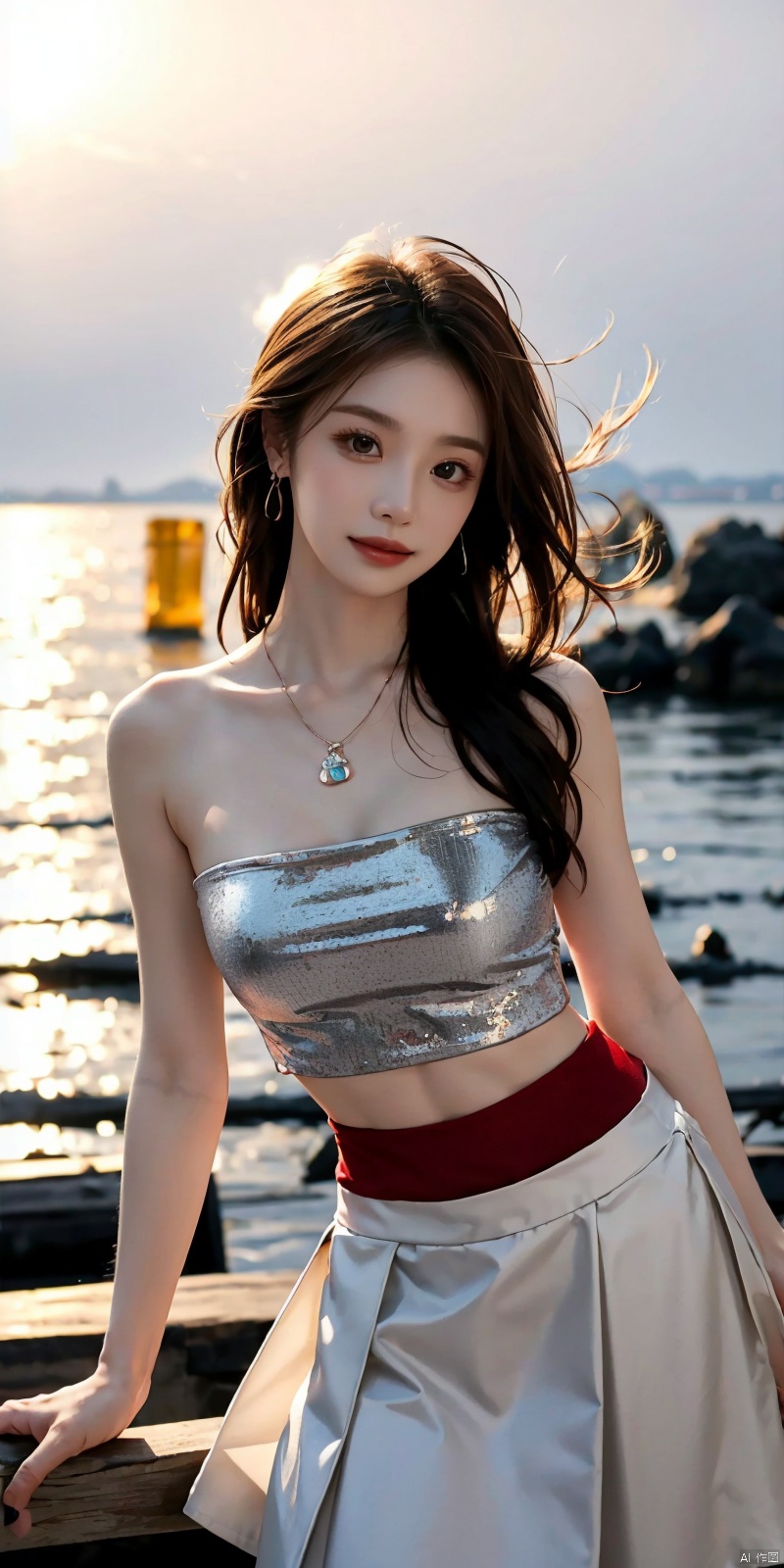 best quality, masterpiece, realistic,cowboy_shot,(Good structure), DSLR Quality,Depth of field,kind smile,looking_at_viewer,Dynamic pose, 
1girl, solo, long hair, , looking at viewer, skirt, hair ornament, bare shoulders, jewelry, , black hair, earrings, outdoors, midriff, water, necklace, lips, crop top, grey eyes, leaning forward, ocean, white skirt, strapless vest, sunset, sun, , , longni