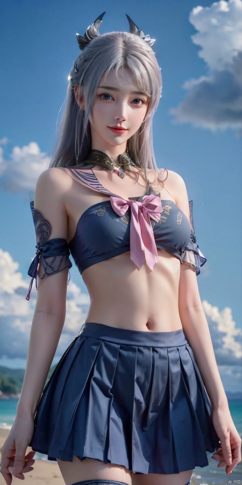  cowboy shot,(Good structure), DSLR Quality,Blue sky and white clouds on the beach,(high-detail skin) , 8K ultra-hd, , high quality, high resolution,(photo realistic: 1.3) 
, sailor senshi uniform,pink bow,pink necktie,pink sailor collar,pinkskirt,, , ,kind smile, , ((poakl)), 1girl, ,  