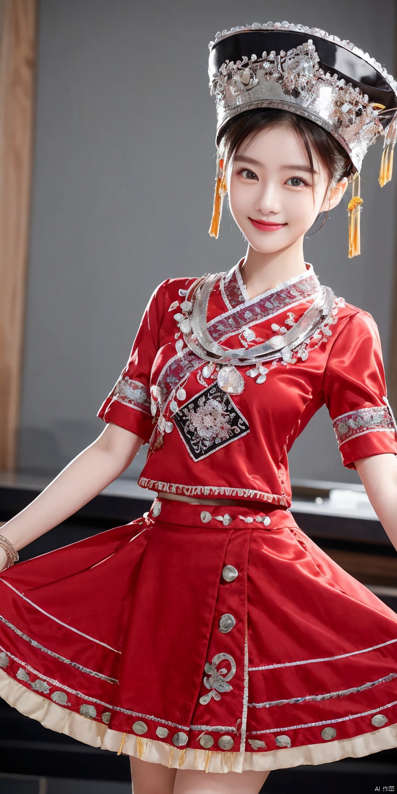  (Good structure), DSLR Quality,Depth of field ,looking_at_viewer,Dynamic pose, , kind smile,1girl ,
zhuangzu, 1girl, solo, hat, skirt hold, chef hat, curtsey, jewelry, dress, bracelet,  , lianmo