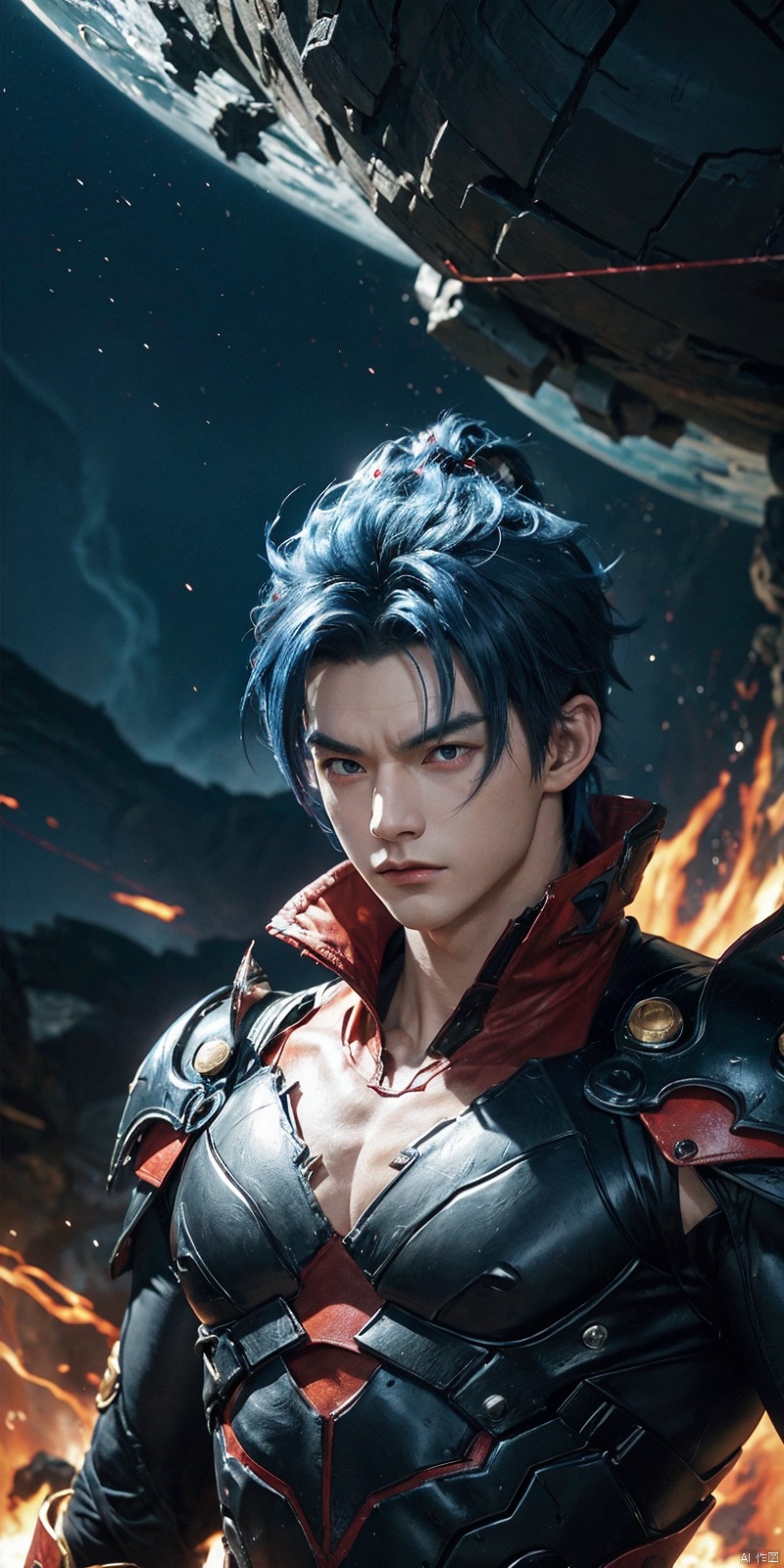  Get ready for a visual feast with Gohan having a handsome face and piercing red eyes, Brilliant blue hair and tattoos, Balanced character portraits and landscapes, and a perfect body. In his transformed state, He radiates extreme instinct and strength, Create an epic anime about this energy man. Fire and lava in stunning anime artwork will leave you in awe. This conceptual art is directly from the Universe, With manga-style 8K wallpapers that will take you to another dimension. Get ready to be amazed by this detailed digital anime artwork, Show the ultimate combination of style and strength., asuo,1boy