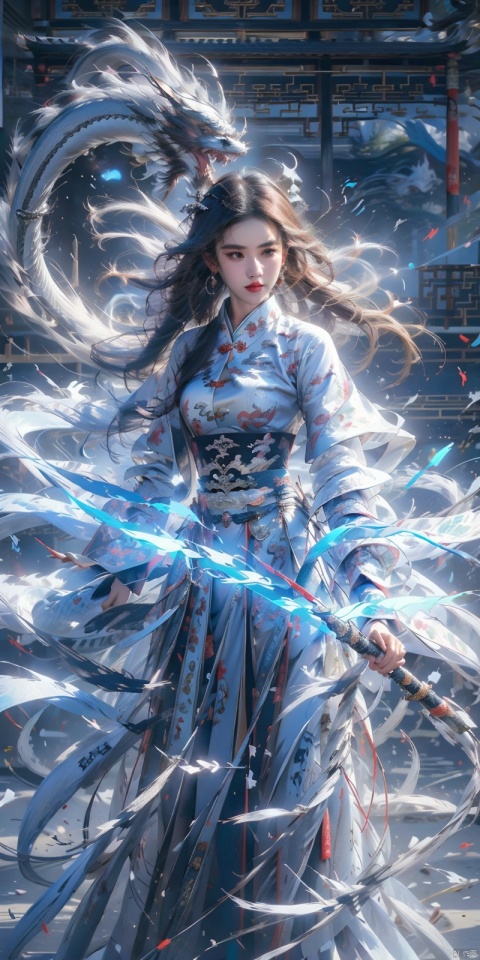  1 girl, solo, (upper body) female focal point, (Hanfu) (kimono) (skirt), blue long hair, (Chinese clothing) (blue eyes) (bright pictures) red lips, bangs, earrings, kimono, Chinese cardigan, print, tassels, (front view) (front view), sword (straight sword)
Elemental Whirlwind, Chinese Dragon_ Imagination__ Cloud winding_ Huoyun_ Dragon, Chinese architecture.
(Masterpiece), (very detailed CG Unity 8K wallpaper), the best quality, high-resolution illustrations, stunning, highlights, (best lighting, best shadows, a very exquisite and beautiful), (enhanced)·, liuyifei