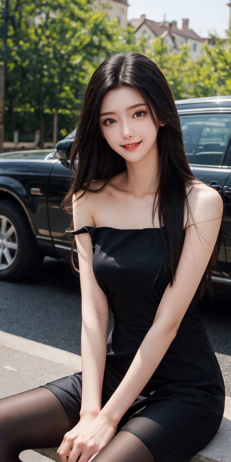  best quality, masterpiece, realistic,cowboy_shot,(Good structure), DSLR Quality,Depth of field,kind smile,looking_at_viewer,Dynamic pose, 
1girl, long hair, , looking at viewer, ,, black hair, dress, , bare shoulders,, sitting, very long hair, collarbone, pantyhose, parted lips, sleeveless, solo focus, black dress, lips, sleeveless dress, crossed legs, ground vehicle , , , , jiangli