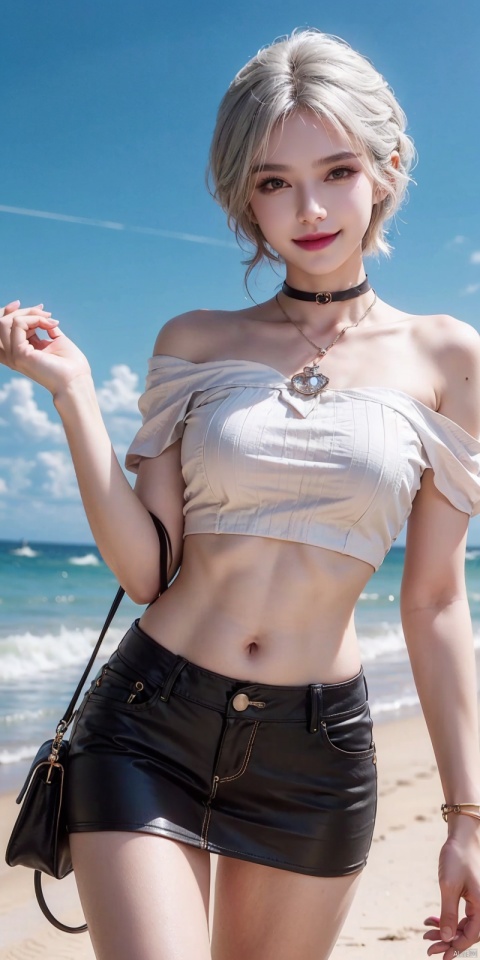 best quality, masterpiece, realistic,cowboy_shot,(Good structure), DSLR Quality,Depth of field,kind smile,looking_at_viewer,Dynamic pose, 
,Short skirt,Blue sky, white clouds, ocean, nai3, 1girl, solo, crop top, , choker, navel, shirt, midriff, crop top overhang, looking at viewer, white shirt, jewelry, breasts, bare shoulders, off-shoulder shirt, off shoulder, black choker, thighs, stomach, long hair, bracelet, short sleeves, ribbon, hand up, collarbone, hair ribbon, medium breasts, , bra strap, , hair ornament, thigh gap, necklace, expressionless, , ,kind smile, , , , ,jiuhuangnv,white_hair,short_hair