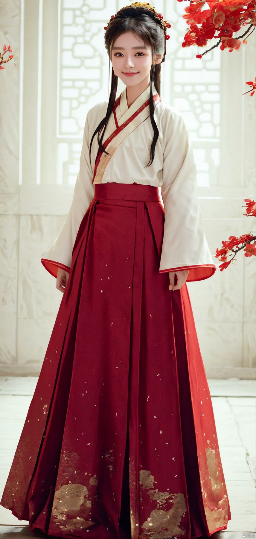 best quality, masterpiece, realistic,cowboy_shot,(Good structure), DSLR Quality,Depth of field,kind smile,looking_at_viewer,Dynamic pose, 
1girl,lianmo,chinese clothes,dress,skirt,long skirt,red skirt,long sleeves,hanfu,hakama skirt,mamianqun,white shirt, 