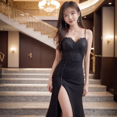  1girl,,complex background,beautiful background,,depth of field level,wangyushan,kind smile,looking_at_viewer,Dynamic pose,Black formal dress, long dress dress dress, high-end hotel long staircase, detailed details