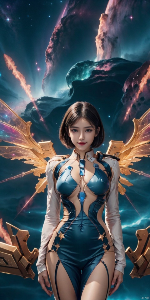 (Good structure), DSLR Quality,Depth of field,kind smile,looking_at_viewer,Dynamic pose, 1girl, wings, solo, nebula wings,   , , navel, dress, pink wings, looking at viewer, star \(sky\), , , bare shoulders, sky, starry sky, collarbone, realistic, nebula, ((poakl)), short_hair, jiqing
