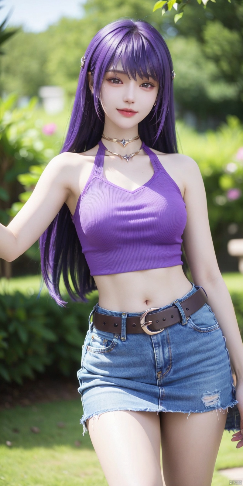  best quality, masterpiece, cowboy_shot,(Good structure), DSLR Quality,Depth of field,kind smile,looking_at_viewer,Dynamic pose,
 1girl, 3d, bare_shoulders, belt, blurry, blurry_background, blurry_foreground, branch, , , , collarbone, cosplay_photo, denim, denim_skirt, depth_of_field, , lips, long_hair, looking_at_viewer, midriff, miniskirt, motion_blur, navel, outdoors, photo_\(medium\), realistic, skirt, solo, standing, tree, ,,purple_hair, shengcaier
