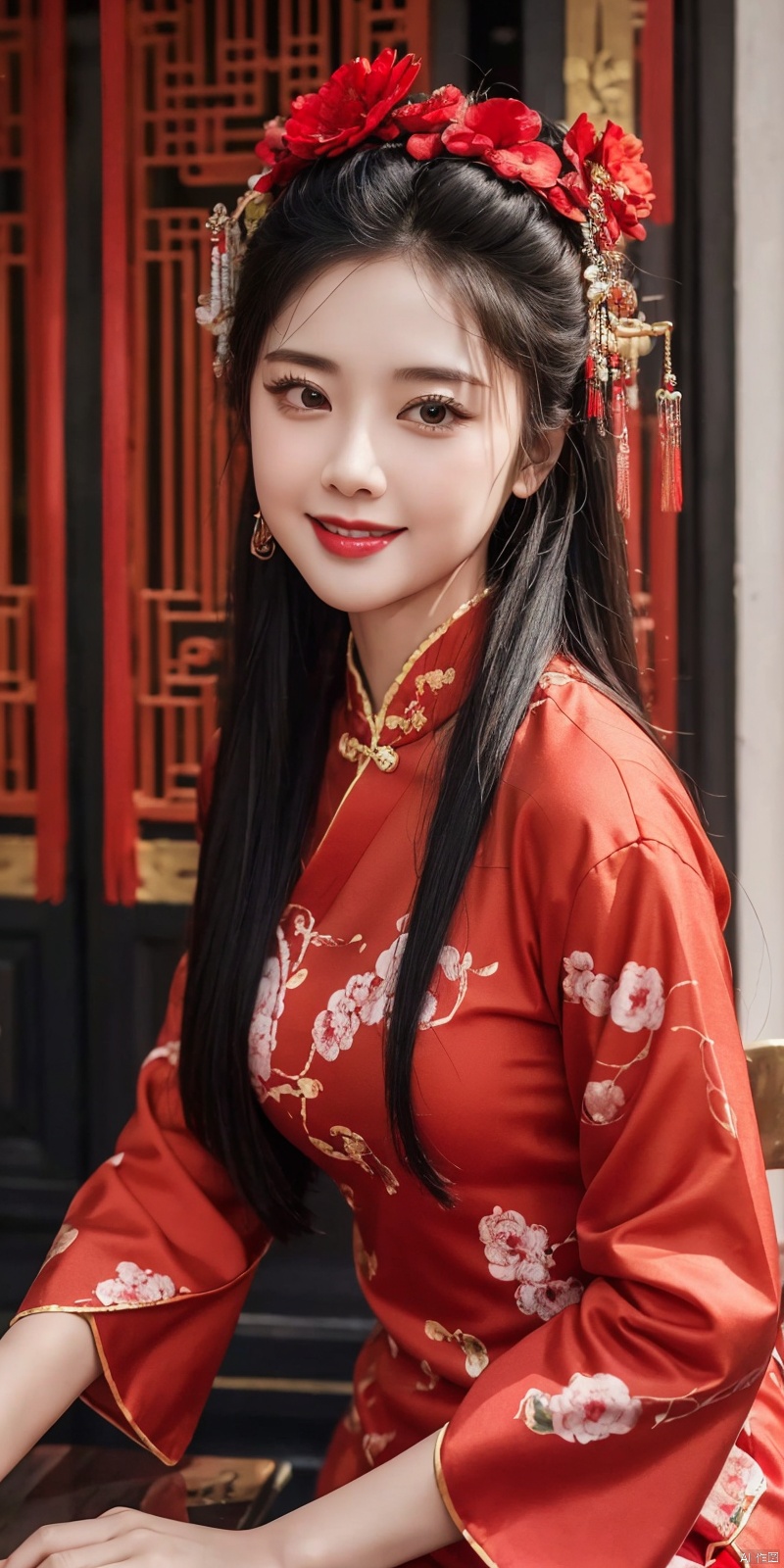  best quality, masterpiece, realistic, ,(Good structure), DSLR Quality,Depth of field,kind smile,looking_at_viewer,Dynamic pose, 
1girl, solo, long hair, 
,fengguanxiapei,dress,chinese clothes,red dress,traditional clothes, zhulin