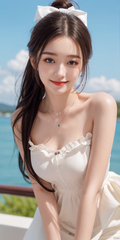  best quality, masterpiece, realistic, ,(Good structure), DSLR Quality,Depth of field,kind smile,looking_at_viewer,Dynamic pose, 
1girl, solo, long hair, breasts, looking at viewer, blush, , bangs, blue eyes,, dress, bow, , bare shoulders, jewelry, very long hair, collarbone, ponytail, white hair, hair bow, thighs, outdoors, sky, sleeveless, day, cloud, water, necklace, white dress, hair over one eye, bracelet, blue sky, blue bow, wading, pendant, doll, skirt hold, rainbow, anastasia \(fate\), eluosi