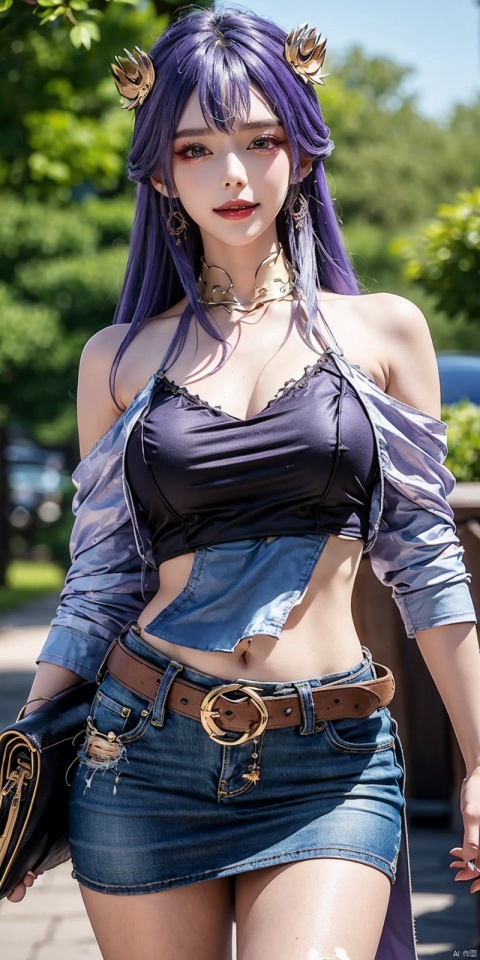  best quality, masterpiece, cowboy_shot,(Good structure), DSLR Quality,Depth of field,kind smile,looking_at_viewer,Dynamic pose,
 1girl, 3d, bare_shoulders, belt, blurry, blurry_background, blurry_foreground, branch, , , , collarbone, cosplay_photo, denim, denim_skirt, depth_of_field, , lips, long_hair, looking_at_viewer, midriff, miniskirt, motion_blur, navel, outdoors, photo_\(medium\), realistic, skirt, solo, standing, tree, , , , , , purple_hair, tianqiong