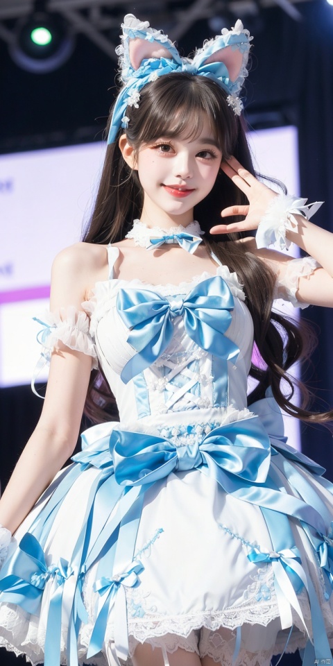  (Good structure), DSLR Quality,Depth of field,kind smile,looking_at_viewer,Dynamic pose, ,(wariza),,Girl, bare shoulders, , boobs, bow tie, ,purple eyes, cat ears, collar, ((Lolita Dress: 1.4)) , blue and white Lolita dress, wrinkled leg outfit, hand-held, lips, nose, shoulders, , alone, long_hair, kind smile, looking at the audience, white leg costume, wrist cuffs, 1girl,,looking_at_viewer, , lolidress , zhangyuanying