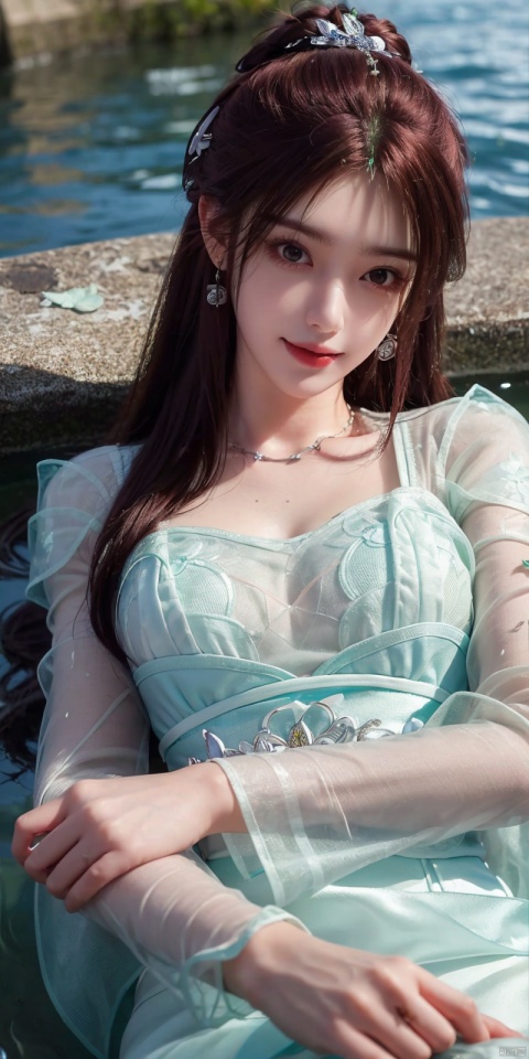  best quality, masterpiece, realistic,,(Good structure), DSLR Quality,Depth of field,kind smile,looking_at_viewer,Dynamic pose, 
1girl, solo, long hair, looking at viewer, bangs, brown hair, long sleeves, dress, ribbon, green eyes, collarbone, hair ribbon, flower, outdoors, lying, parted lips, puffy sleeves, on back, water, white dress, red ribbon, parted bangs, petals, white flower, partially submerged, layered sleeves, short over long sleeves, , yeqinxian