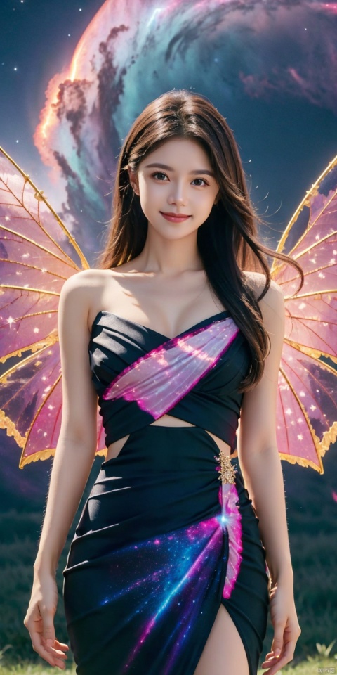 (Good structure), DSLR Quality,Depth of field,kind smile,looking_at_viewer,Dynamic pose, 1girl, wings, solo, nebula wings, breasts, , long hair, navel, dress, pink wings, looking at viewer, star \(sky\), , , bare shoulders, sky, starry sky, collarbone, realistic, nebula, ((poakl)), jinmai