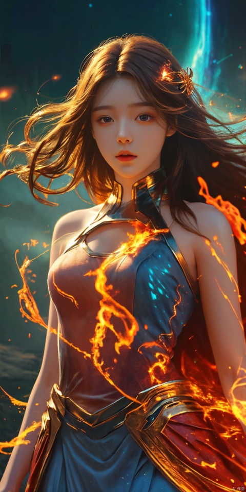 masterpiece, 1 girl, Look at me, Long hair, Flame, A magical scene, glowing, Floating hair, realistic, Nebula, An incredible picture, The magic array behind it, Stand, textured skin, super detail, best quality, , huolinger,dress, 1girl