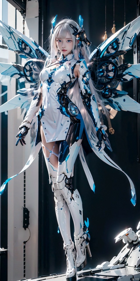  best quality,masterpiece,1girl,pink mecha body,cyborg,blue eyes,brown hair,depth of field,white hair,looking at viewer,1 girl with wings in mecha,Wings Follow Character Proportion,Outstanding,8K wallpaper,jixieji, 1girl, Dragon ear, tianqi, ((poakl)), Detail, white_hair,((Mechanical wings)),high heels,fly,