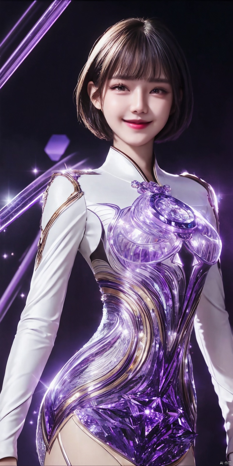  best quality, masterpiece, cowboy_shot,(Good structure), DSLR Quality,Depth of field,kind smile,looking_at_viewer,Dynamic pose, 
1 girl,(Purple light effect),hair ornament,jewelry,looking at viewer, , , dofas,(ultra-detailed crystallization),transparent crystals, , , dress, , , Purple light effect, , jiqing,short_hair