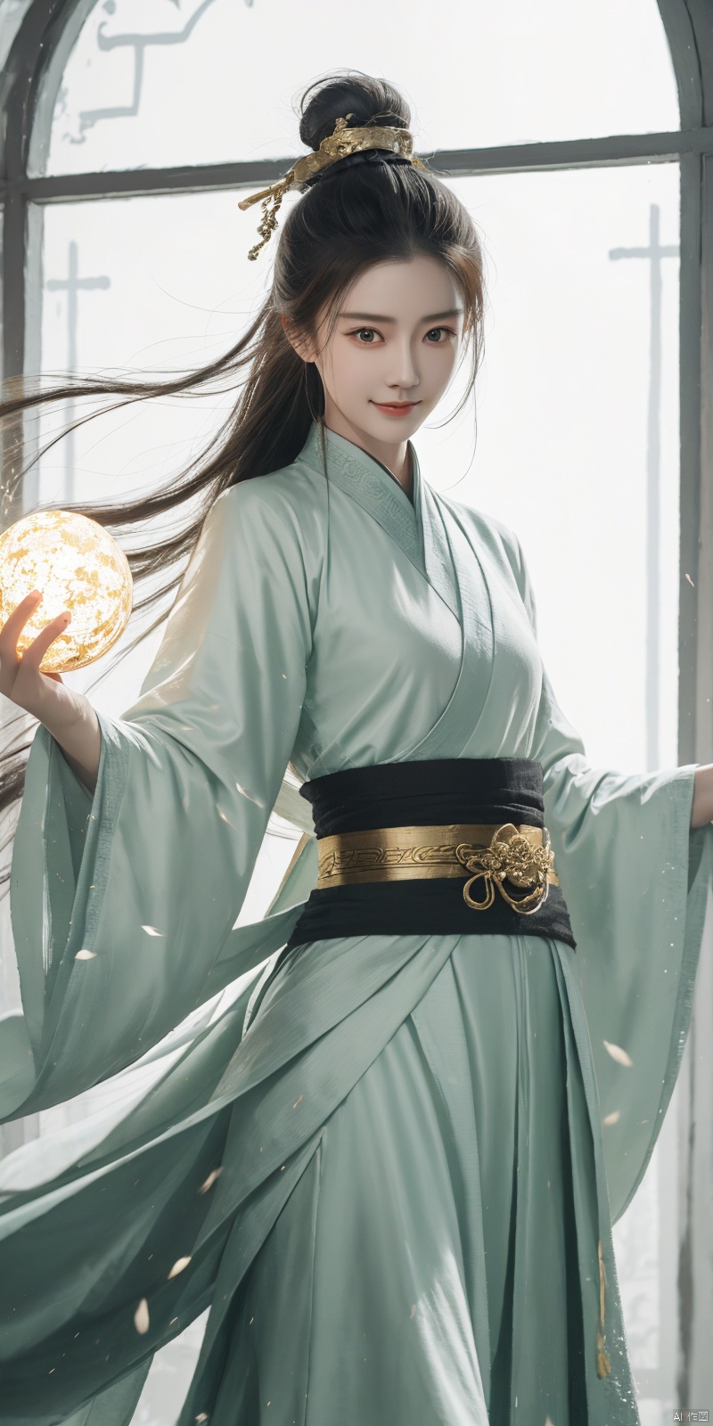  best quality, masterpiece, cowboy_shot,(Good structure), DSLR Quality,Depth of field,kind smile,looking_at_viewer,Dynamic pose, 
 a woman with white hair holding a glowing ball in her hands, white haired deity, by Yang J, heise jinyao, inspired by Zhang Han, xianxia fantasy, flowing gold robes, inspired by Guan Daosheng, human and dragon fusion, cai xukun, inspired by Zhao Yuan, with long white hair, fantasy art style,,Ink scattering_Chinese style, smwuxia Chinese text blood weapon:sw, lotus leaf, (\shen ming shao nv\), gold armor, angel