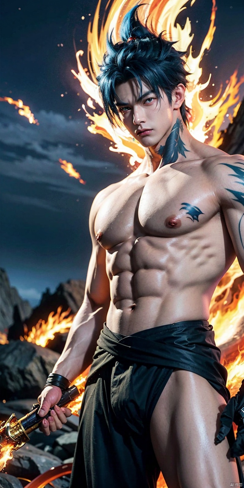 Get ready for a visual feast with Gohan having a handsome face and piercing red eyes, Brilliant blue hair and tattoos, Balanced character portraits and landscapes, and a perfect body. In his transformed state, He radiates extreme instinct and strength, Create an epic anime about this energy man. Fire and lava in stunning anime artwork will leave you in awe. This conceptual art is directly from the Universe, With manga-style 8K wallpapers that will take you to another dimension. Get ready to be amazed by this detailed digital anime artwork, Show the ultimate combination of style and strength., asuo,1boy