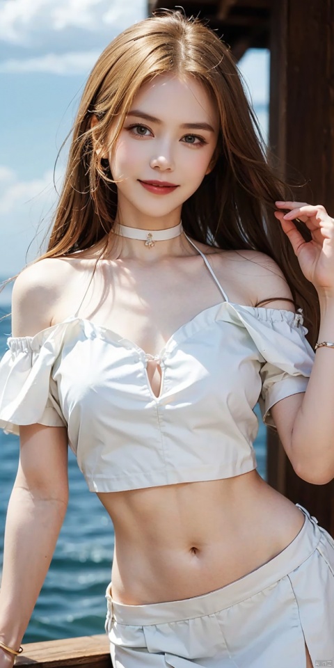  cowboy_shot,(Good structure), DSLR Quality,Short skirt,Blue sky, white clouds, ocean, nai3, 1girl, solo, crop top, , choker, navel, shirt, midriff, crop top overhang, looking at viewer, white shirt, jewelry, breasts, bare shoulders, off-shoulder shirt, off shoulder, black choker, thighs, stomach, long hair, bracelet, short sleeves, ribbon, hand up, collarbone, hair ribbon, medium breasts, , bra strap, , hair ornament, thigh gap, necklace, expressionless, , ,kind smile, ,blonde hair , nike